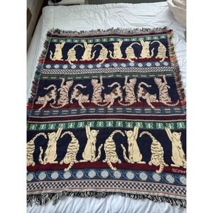 Vintage Crown Crafts Cat Tapestry Throw Blanket Woven Fringe Cottagecore Kitty